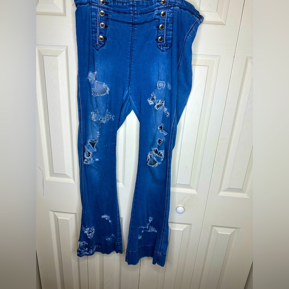 Custom distress stretch high waisted bell bottom jeans